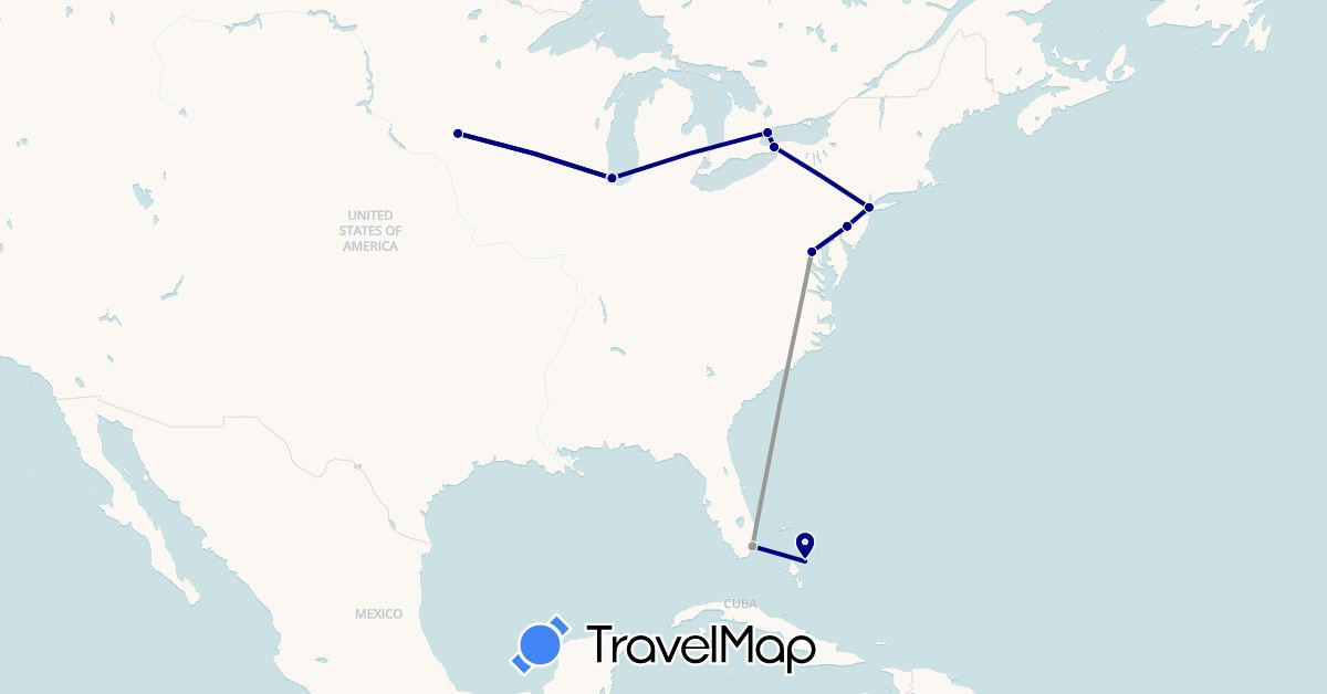 TravelMap itinerary: driving, plane in Bahamas, Canada, United States (North America)